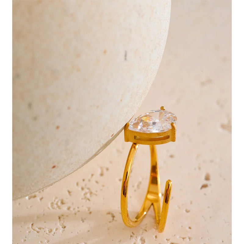 Anel Double-Layer Banhado a Ouro 18K com Pedra em Zirconia