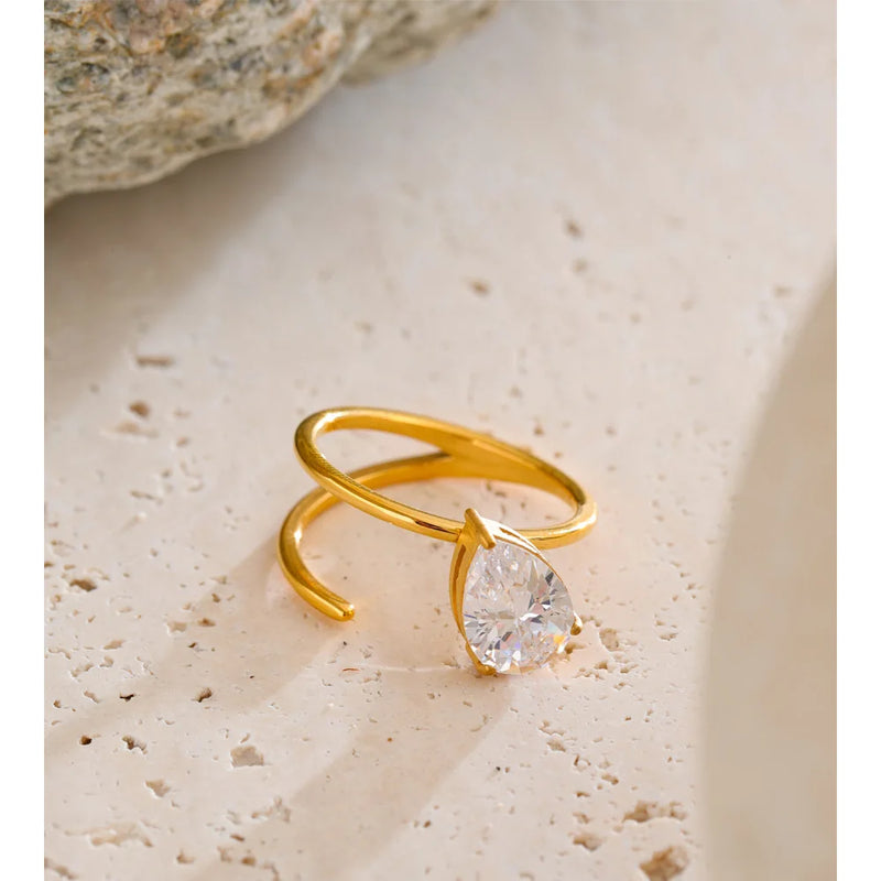 Anel Double-Layer Banhado a Ouro 18K com Pedra em Zirconia