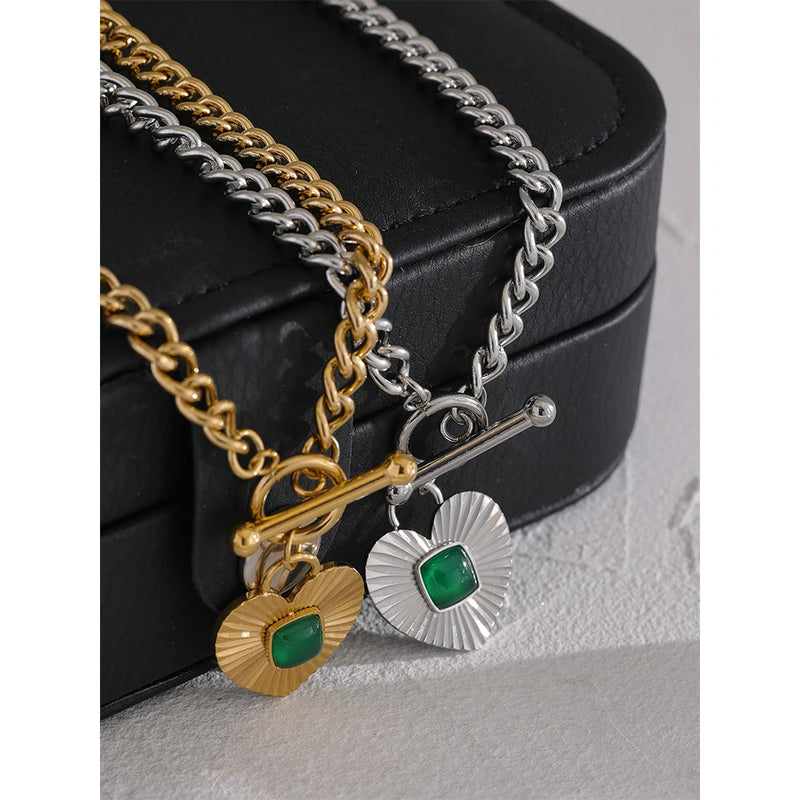 Green Agate Necklace in Waterproof Stainless Steel