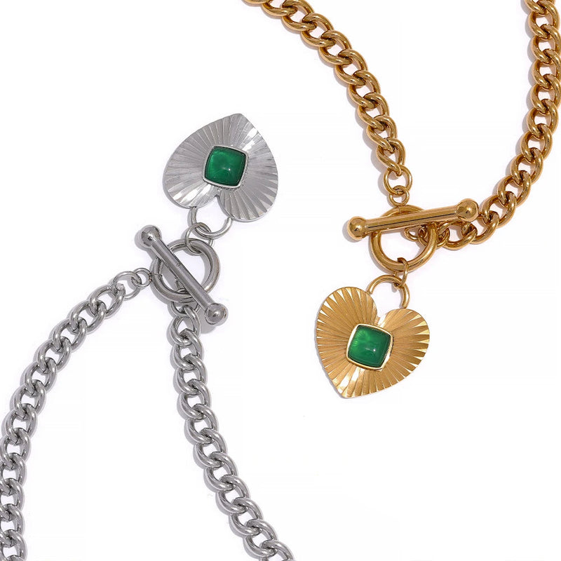 Green Agate Necklace in Waterproof Stainless Steel