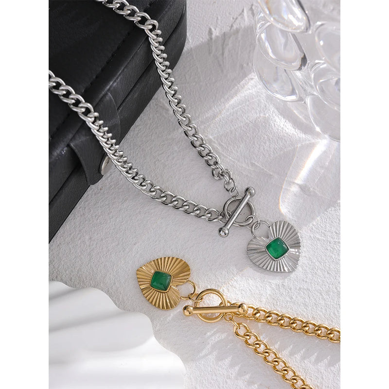 Green Agate Necklace in Waterproof Stainless Steel