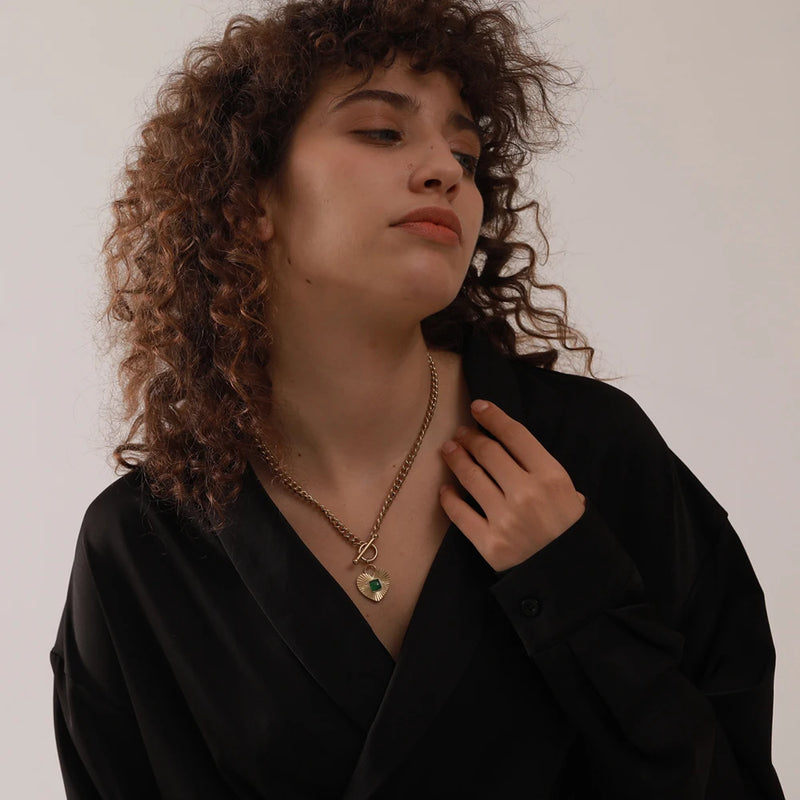 Green Agate Necklace in Waterproof Stainless Steel