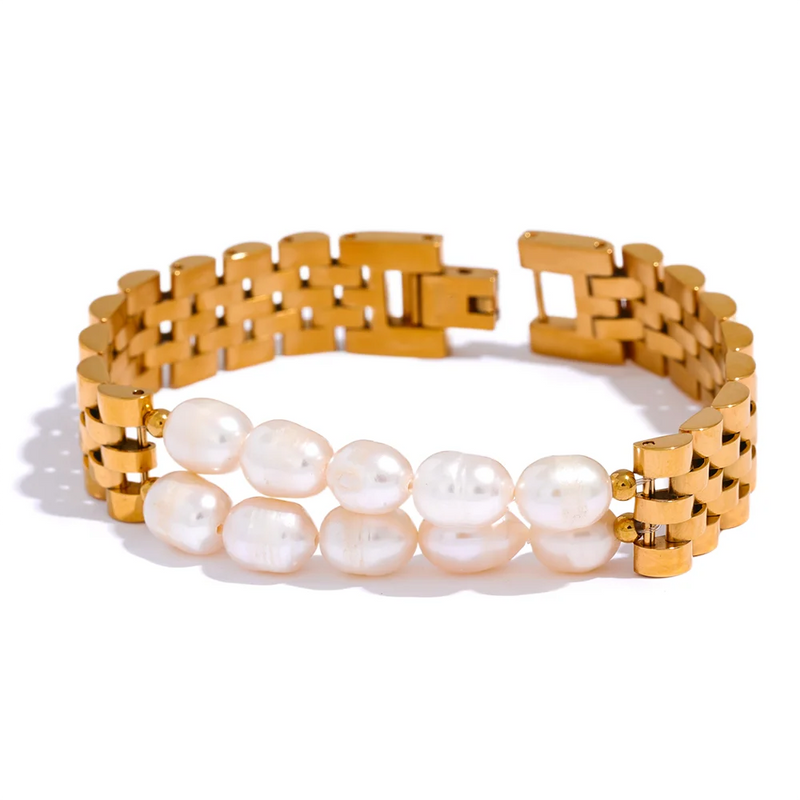 Pulseira - Cuban  Premium com Pérolas Naturais e Banhada a Ouro 18K