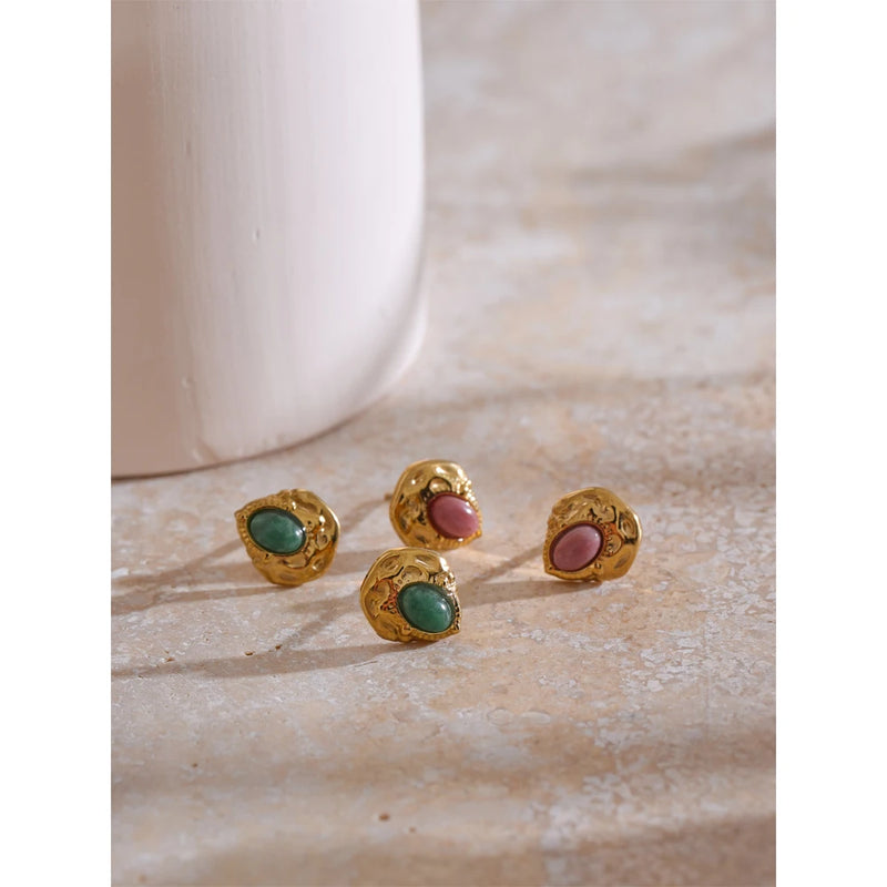Brinco  Vintage Pedra Natural em  Metal Dourado