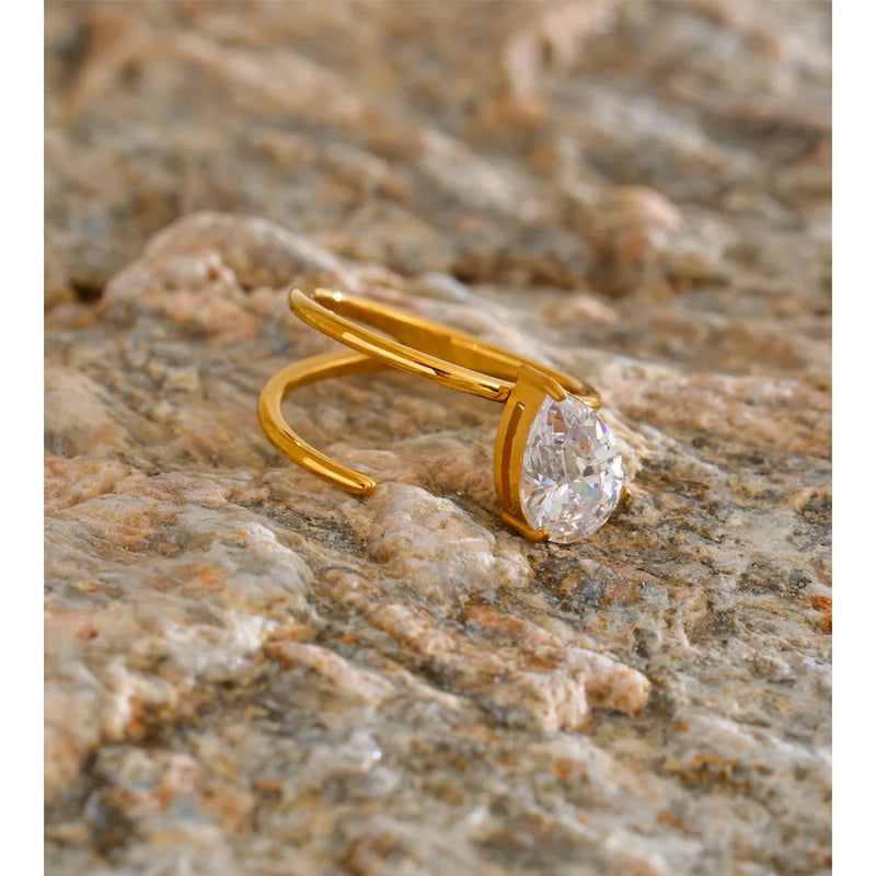 Anel Double-Layer Banhado a Ouro 18K com Pedra em Zirconia